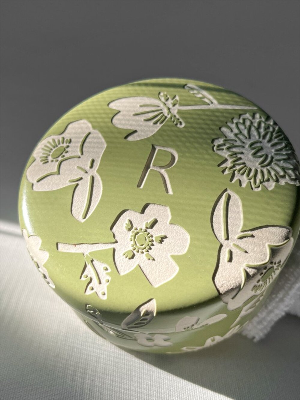 Anthropologie Masey Monogram R Green Floral Trinket Box Lidded Dish